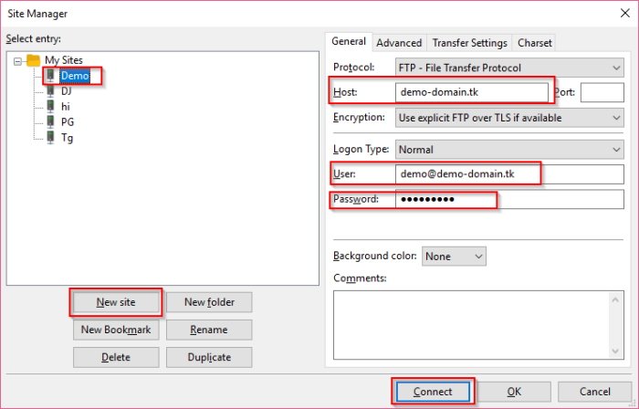 filezilla login to domain