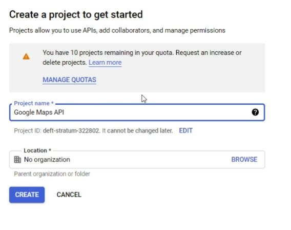 Create A New Project For Google Maps Api